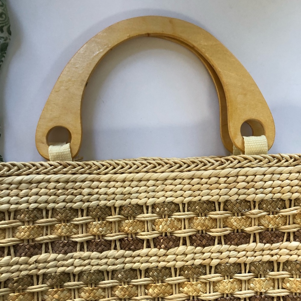 Worthington Straw Taffeta Purse Wood Handles - Picture 4 of 8